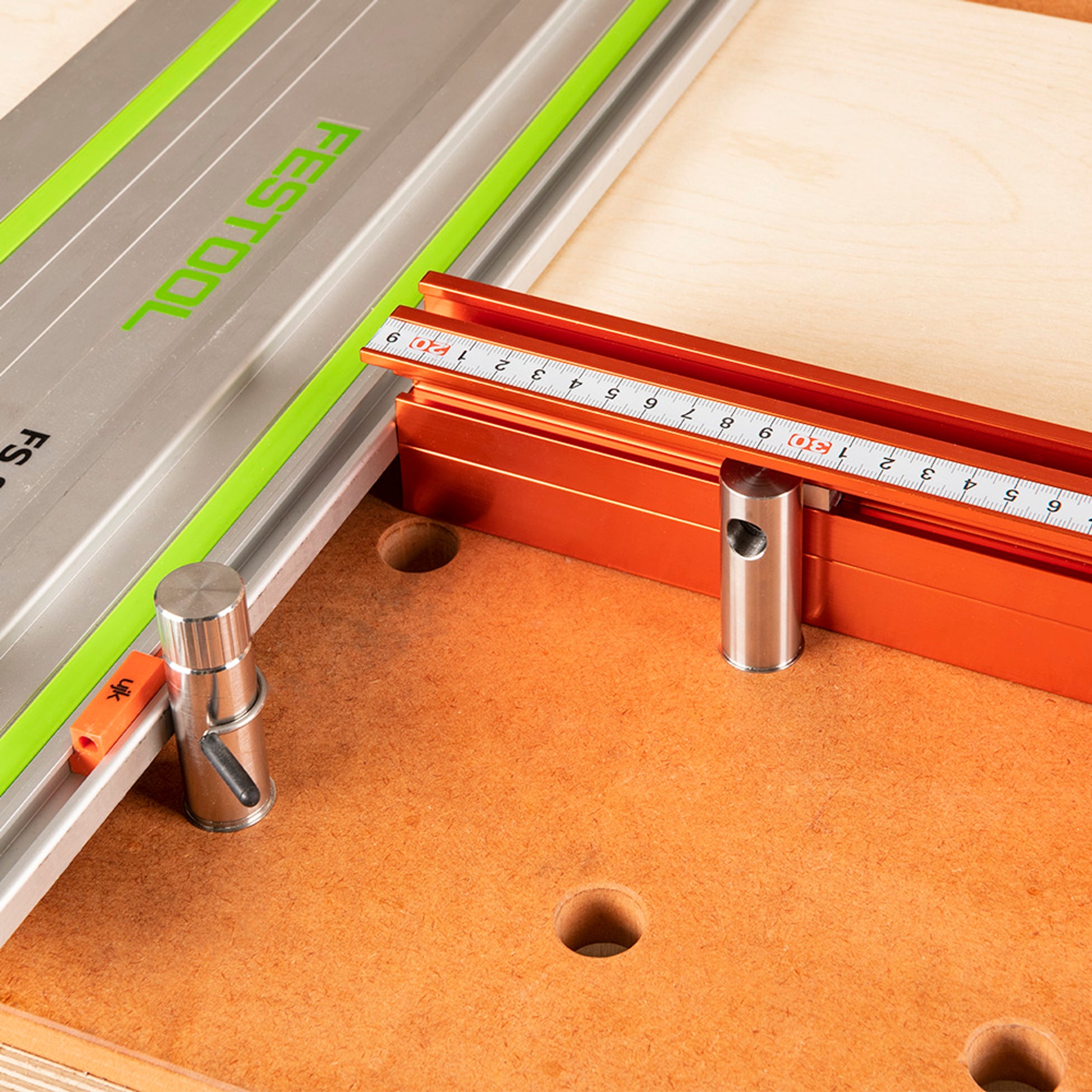 Fence and Length Stop for Guide Rail Saws